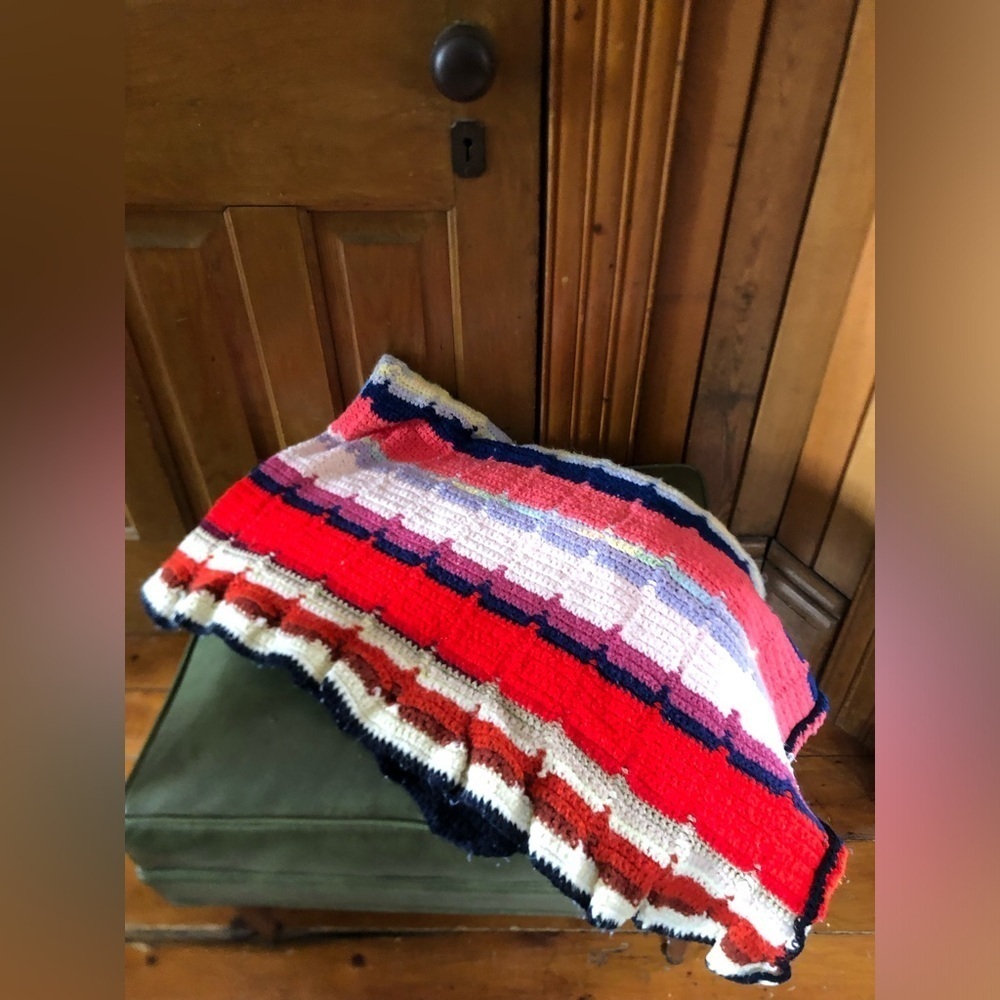 1970s Hand Knit Striped Blanket